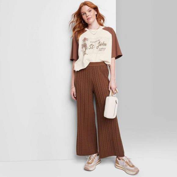 Ascot + Hart Pants - Women's Ascot + Hart Wide Leg Graphic Knit Pants - Brown M